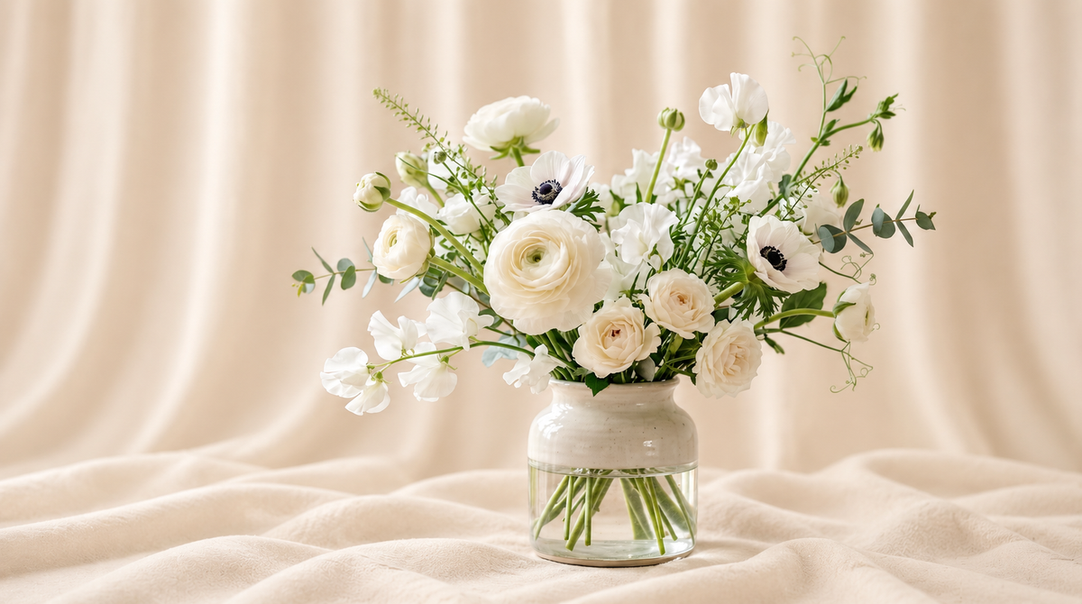 White ranunculus, anemones, pale roses and sweet peas in a cream-and-glass vase.