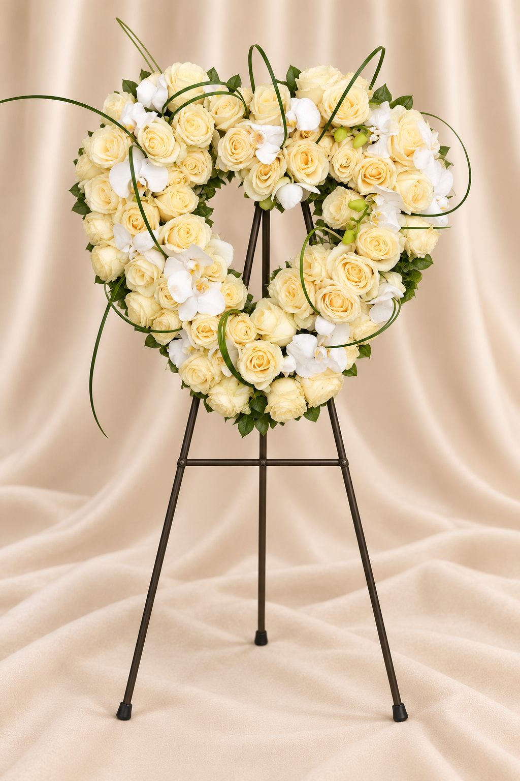 Ivory roses + white orchids in an open heart on a funeral easel; no baby's breath.