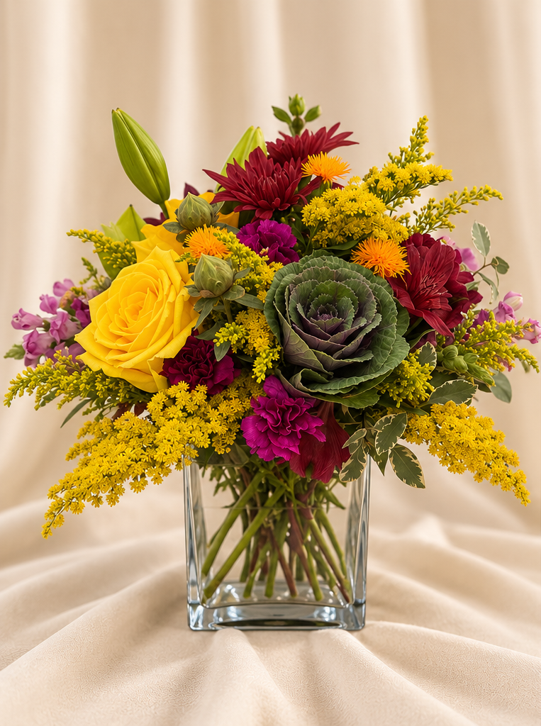 A yellow rose, ornamental kale, burgundy mums, magenta carnations, orange button mums or small orange accent blooms, golden solidago, eucalyptus and variegated greenery in a square glass vase.