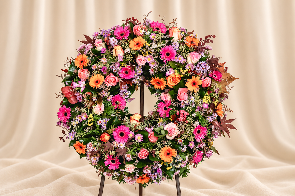 Pink and orange gerberas + roses + lavender asters in a standing wreath.