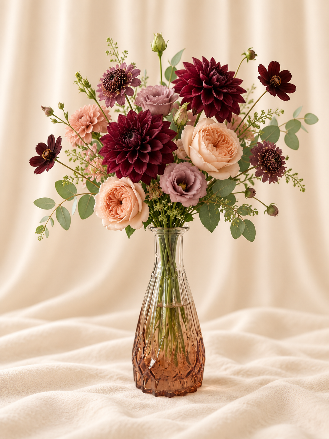 Burgundy dahlias + mauve lisianthus and scabiosa + peach garden roses + chocolate cosmos + sage eucalyptus in a faceted rose-amber glass vase.