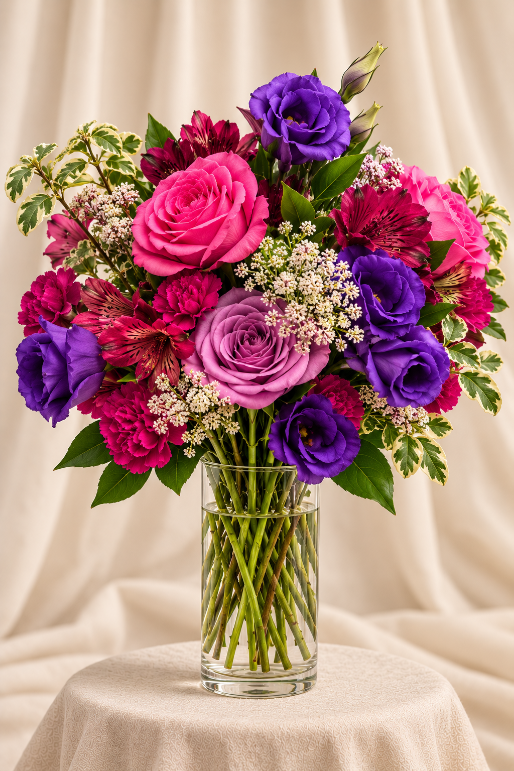 Pink + purple roses/lisianthus arrangement